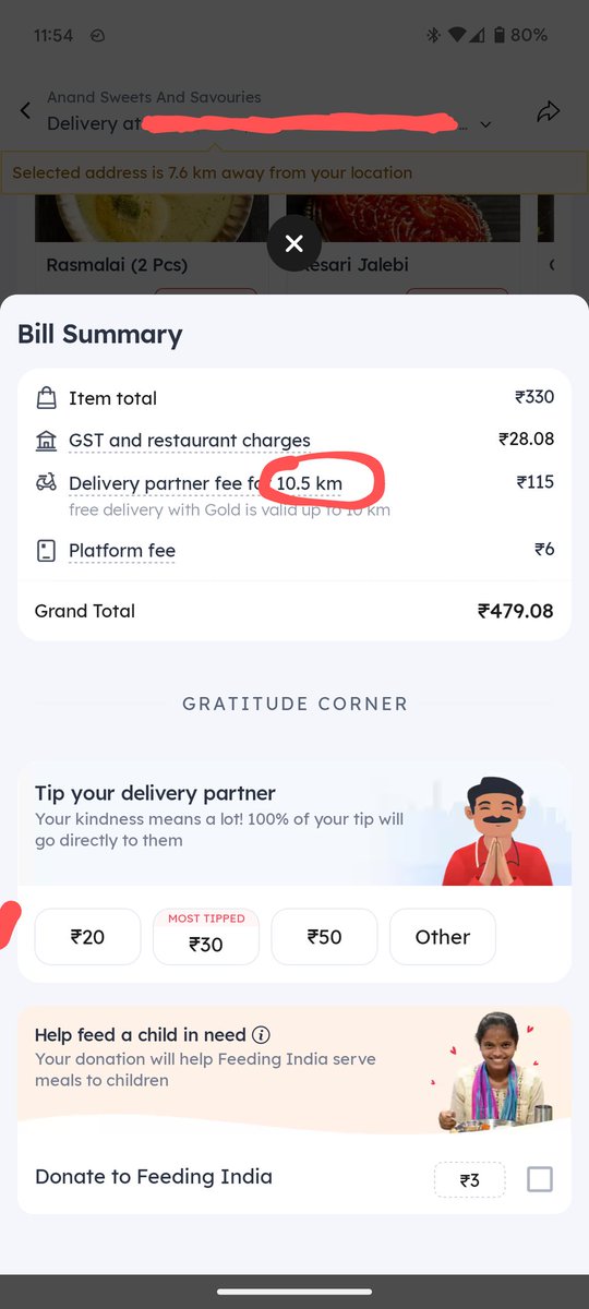 RaoSumukh's tweet photo. Here's another clear scam Zomato is running.

This restaurant earlier used to offer free delivery, but is now charging ₹115 because it's 10.5km away as per Zomato.

Google says it's 9.7km. Care to explain? https://t.co/ktb237EpCr