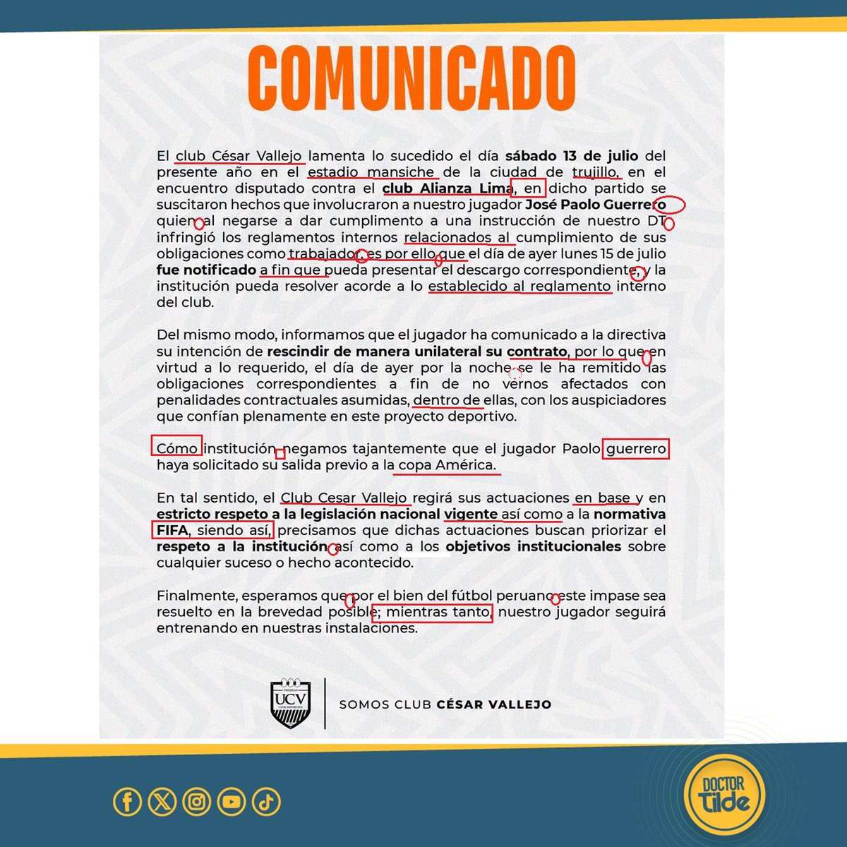 Como cuando no sabes si el comunicado del Club César Vallejo sobre Paolo Guerrero lo redactó César Acuña o Brunella Horna…