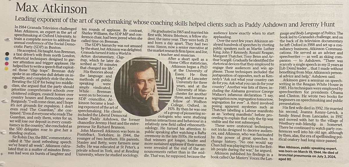 SimonMAtkinson's tweet photo. Obituary to @maxatkinson in today’s Times, including some top (and enduring) tips for any of us making speeches or presentations https://t.co/LFP5gpCxLw