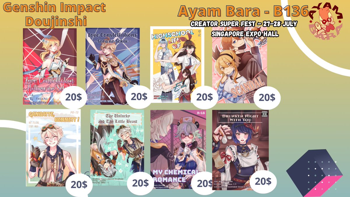 Mika_fa1212's tweet photo. PICK UP ORDER FOR CREATOR SUPER FEST 2024 IS AVAILABLE! Get your favorite pairing books in AYAM BARA B - 136 !
Our fandom : Genshin Impact, HSR, Gintama, Project Sekai, Persona, and many more! #CSF #CSFAFA #Catalogue #Doujinshi #LightNovel
Link : https://t.co/L5DJAj0q1J https://t.co/gsOyRo9wgl