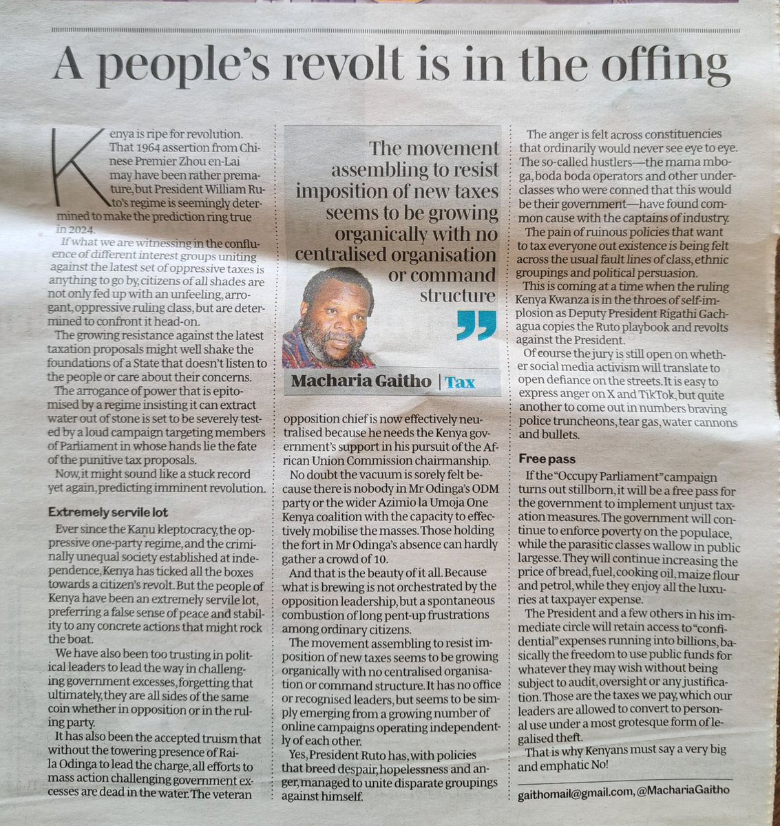 Ignore reports that Macharia Gaitho’s abduction was a case of mistaken identity. This week he did a stinging article saying that revolution is inevitable. Your noise and uproar has caused them to release him. Journalism is not a crime. Blogging is not a crime. DCI must work on