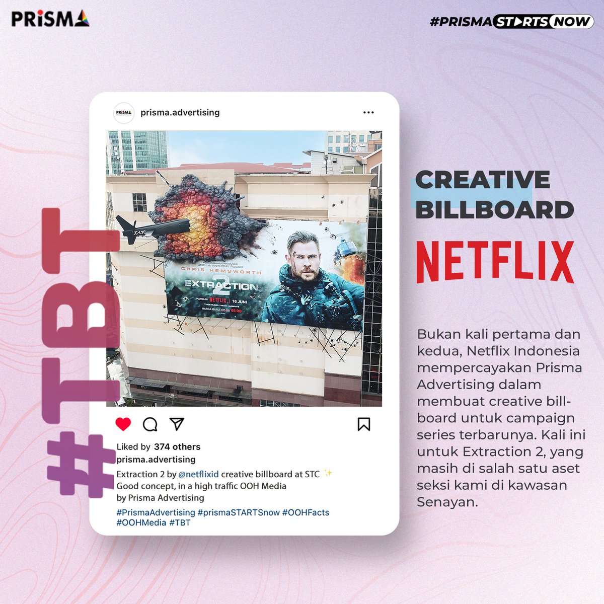 PrismaAdvert's tweet photo. Throwback Thursday #TBT 😎

Nostalgia karya creative billboard yang menarik lain yang pernah kita kerjakan adalah @netflixid Extraction 2 masih di billboard STC.

Jika kamu ingin membuat creative billboard seperti ini langsung hubungi kami di 08111-306-888. https://t.co/1qC8KPPnKx