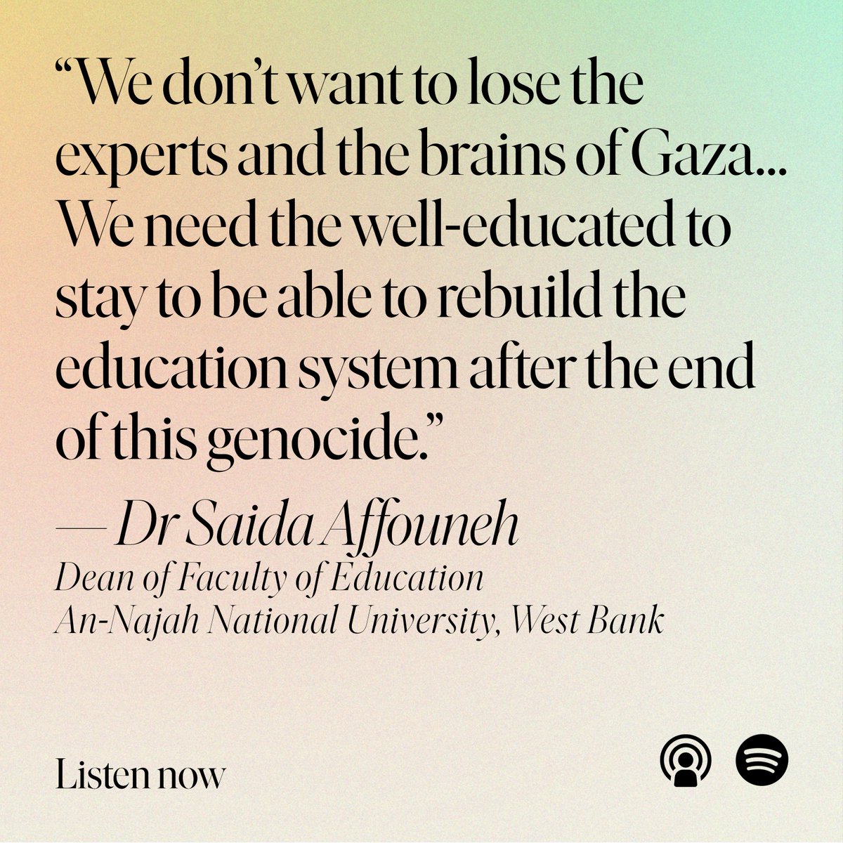 Philanthropy Age (@philanthropyage) on Twitter photo In the latest episode of The Impact Room, Saida Affouneh, An Najah National University, tells <a href="/MaysaJalbout/">Maysa Jalbout ๐๐ฐ๐</a> why it is critical to stem the โbrain drainโ for the future of #Gaza.
Listen to the full interview now to find out how you can help > bit.ly/464oKxJ
#Educide In the latest episode of The Impact Room, Saida Affouneh, An Najah National University, tells <a href="/MaysaJalbout/">Maysa Jalbout ๐๐ฐ๐</a> why it is critical to stem the โbrain drainโ for the future of #Gaza.
Listen to the full interview now to find out how you can help > bit.ly/464oKxJ
#Educide