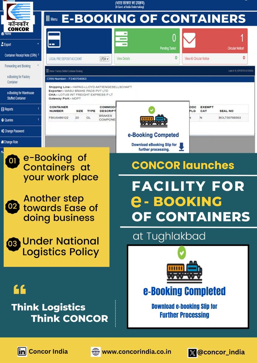 concor_india's tweet photo. 🚀 CONCOR is pleased to announce the launch of facility for e-Booking of containers at our flagship Terminal ICD Tughlakabad. 

Yet another step towards ease of doing business for our esteemed customers! Now, book 24/7 with just a click from your office. 📦✨ Facility will soon be extended to all CONCOR Terminals. 

Aligned with the Govt's vision of a digitally empowered logistics sector under the #NationalLogisticsPolicy.

🌐 #Paperless #CostEffective #EaseOfDoingBusiness #DigitalIndia #LogisticsRevolution