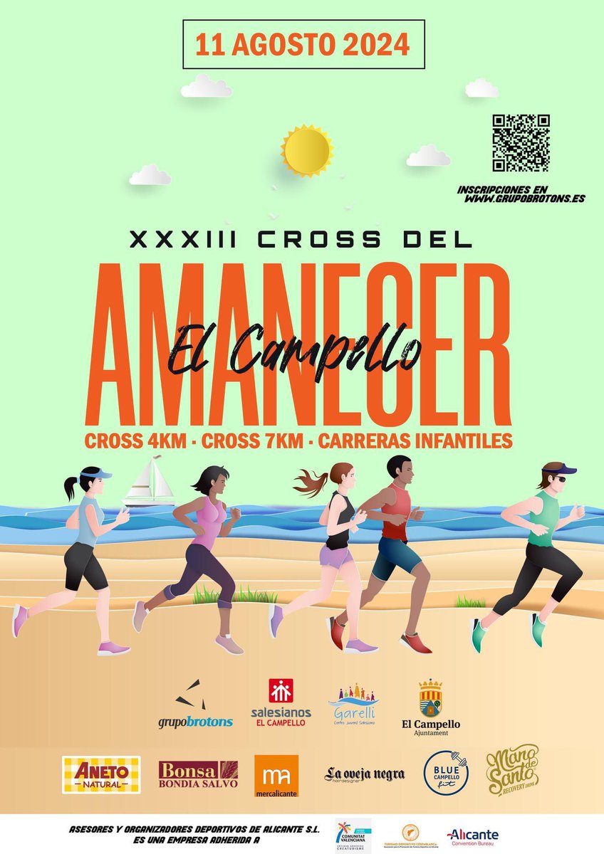 XXXIII Cross del Amanecer El Campello 2024 <a href="/GrupoBrotons/">Grupo Brotons</a> 

🏃‍♀️ CROSS 4KM
🏃‍♂️ CROSS 7KM
🏃 CARRERAS INFANTILES

📌 Madrugón runnero con el clásico del verano en El Campello con este cross de 7km por la orilla de la arena

📲 Podéis inscribiros en: grupobrotons.com/event/xxxiii-c…