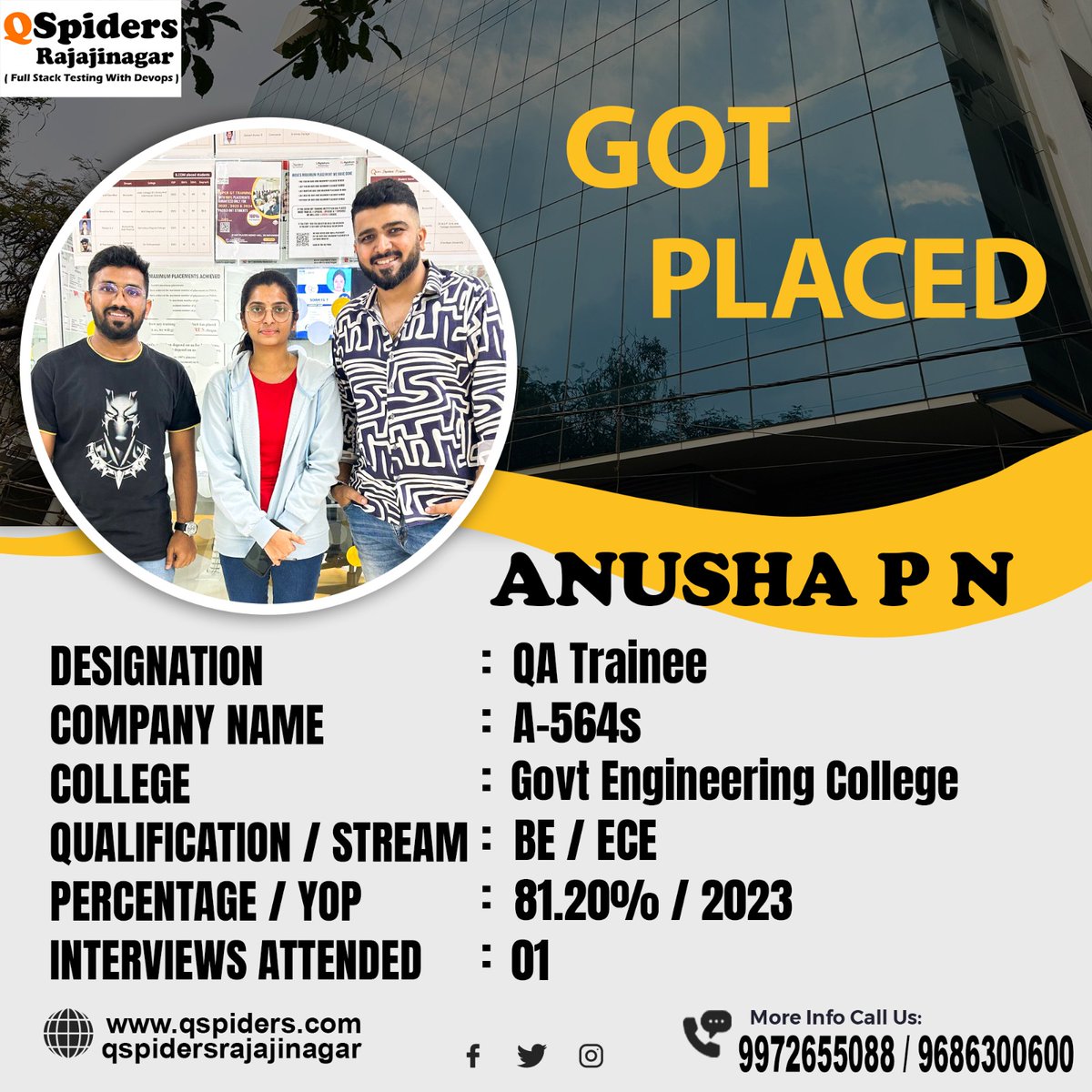 QRajajinagar's tweet photo. Congratulations Anusha P N for Getting Placed as QA Trainee from Qspiders Rajajinagar

Contact us
9972655088 / 9686300600

#qspidersrajajinagarplacements
#gotplaced
#govtengineeringcollege
#bachelorofengineering
#ece
#2023passout
#softwaretestingfullstack
#withdevops https://t.co/xrciiviRVA