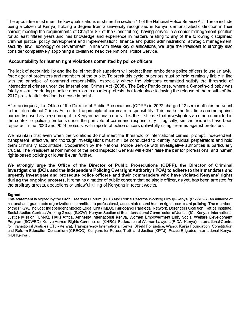 Police Reforms Working Group - Kenya (@reformsgroup) on Twitter photo Our joint statement with <a href="/cff_kenya/">Civic Freedoms Forum - CFF</a>.
We call for the competitive recruitment of the next Inspector General of Police and the establishment of a culture of command responsibility. Accountability for human rights violations is crucial to end unlawful force against protesters. Our joint statement with <a href="/cff_kenya/">Civic Freedoms Forum - CFF</a>.
We call for the competitive recruitment of the next Inspector General of Police and the establishment of a culture of command responsibility. Accountability for human rights violations is crucial to end unlawful force against protesters.
