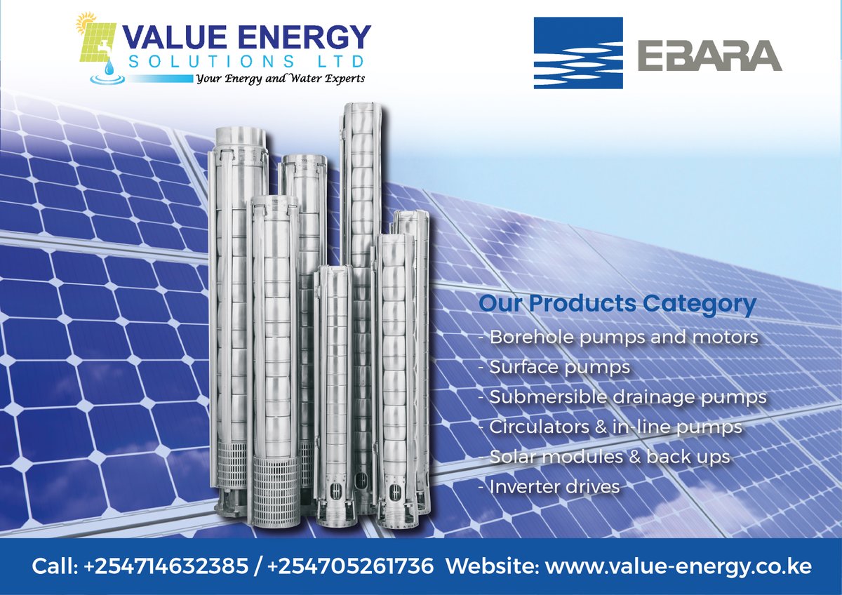 ValueEnergyke's tweet photo. Enjoy the best discount from all the products purchased from us today!
Our products categories include:
-Borehole pumps and motors
-Surface pumps
-Submersible drainage pumps
-Circulators &amp; in-line pumps
-Solar modules and back ups
-Inverter drives
Contact us on 0714 632385. https://t.co/TGBuNINOid