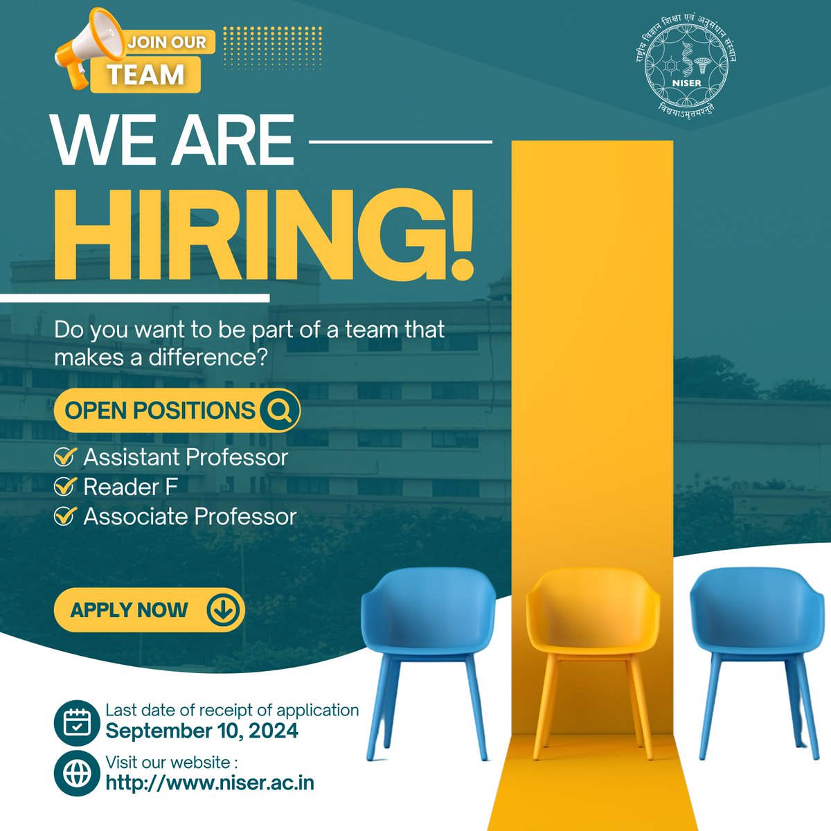 Join Our Team at NISER! 

Now hiring faculty in:

· Biological Sciences
· Chemical Sciences
· Computer Sciences
· Earth &amp; Planetary Sciences
· Mathematical Sciences
· Physical Sciences
· Humanities &amp; Social Sciences

Advertisement: tinyurl.com/5evve3he
Deadline: Sept 10, 2024
