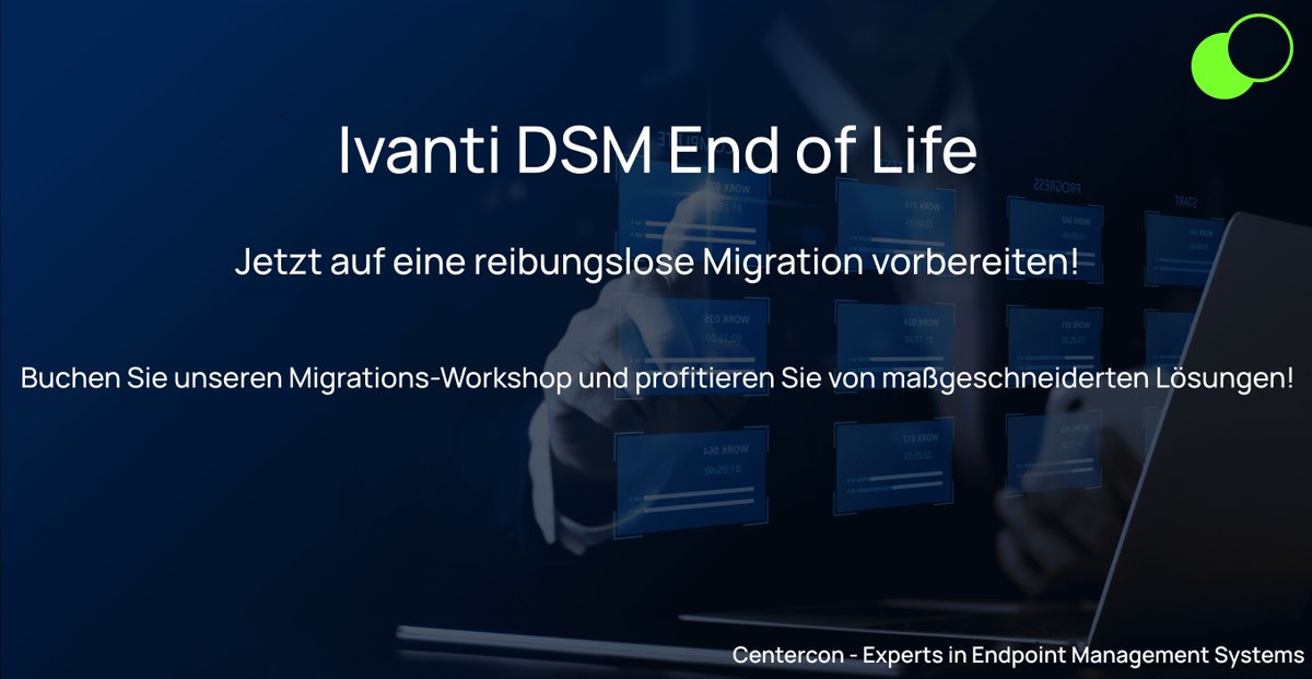 Centercon_GmbH's tweet photo. 🔧 Bereit für die Zukunft: Jetzt den Ivanti DSM Migrations-Workshop buchen! 🚀

📅 Jetzt anmelden und Ihr Projekt auf das nächste Level bringen!

👉 Mehr erfahren und anmelden unter https://t.co/h7pO0yUIeX 

#Migration #EndpointManagement #IvantiDSM #eScript #Workshop #Centercon https://t.co/yNdoChQTxs
