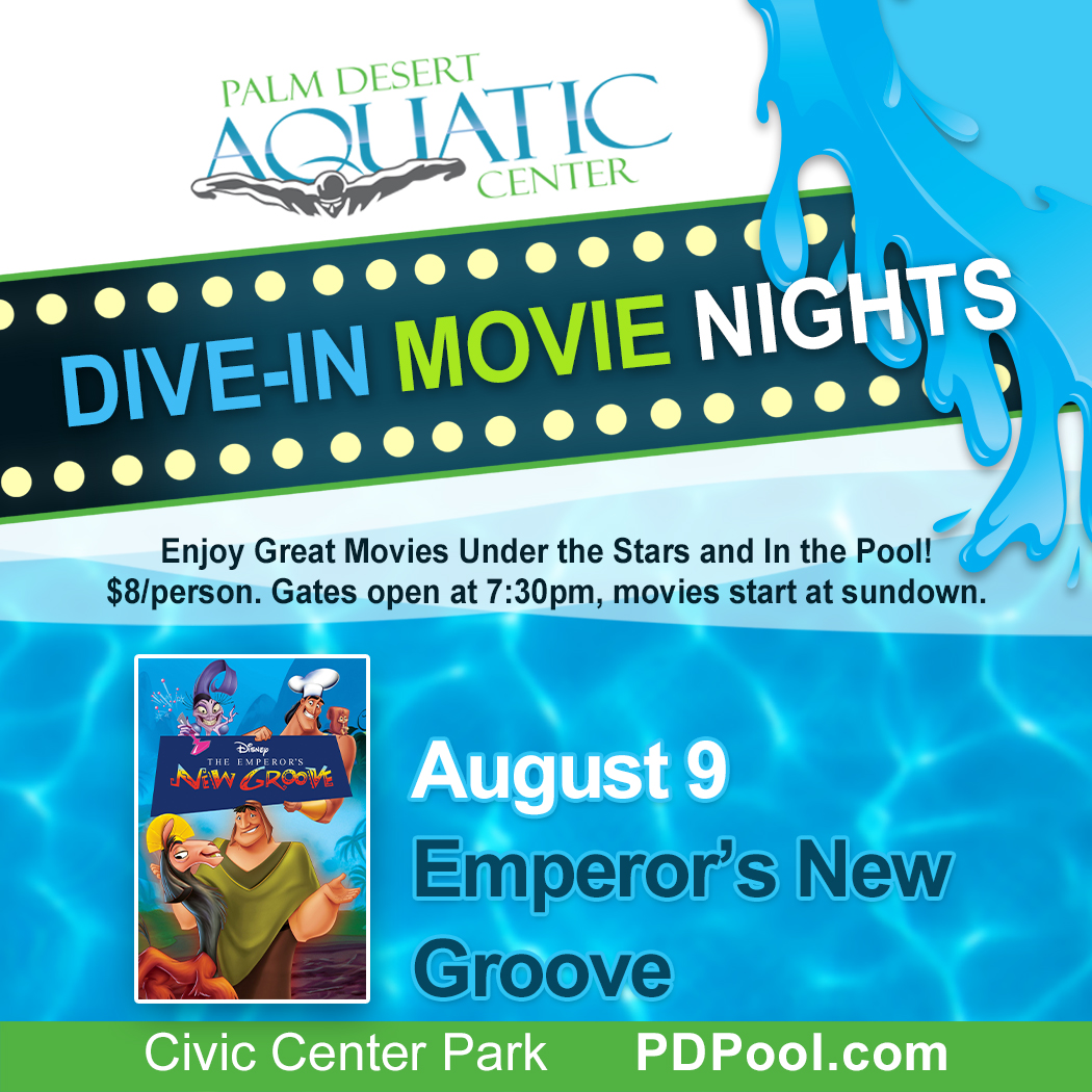 PDAquaticCenter's tweet photo. It's never too early to block off August 9 for our next Dive In Movie, Emperor's New Groove!  Tickets available at our front desk, details on our website at https://t.co/QW32pHuQTu.  See you there, under the stars and beating the heat!

#diveinmovie #emperorsnewgroove #pdac https://t.co/ARo4mAXTfa