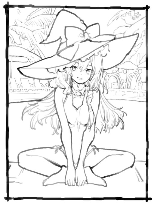 最初に描いた水着の魔理沙の絵を描きなおし中、そのざっくり線画 