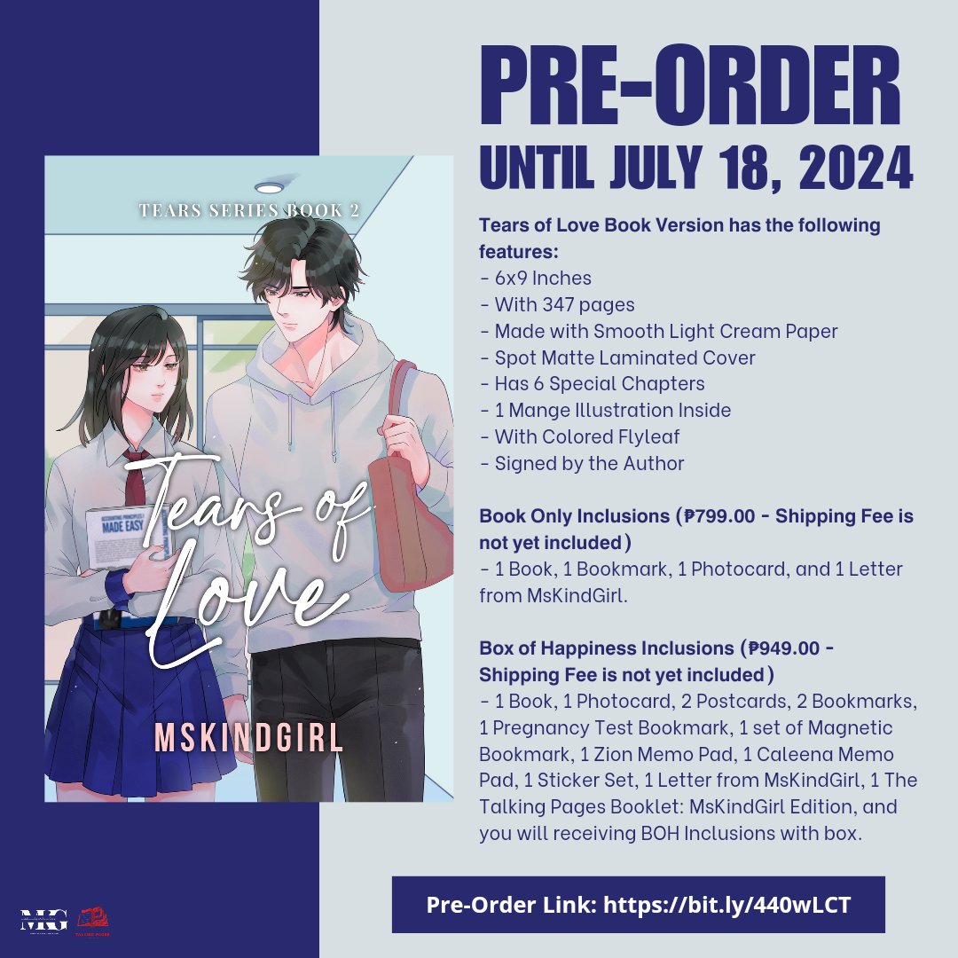 MsKindGirlNotes's tweet photo. 2 days left (including today) before the pre-order ends! Secure your copy of 𝗧𝗲𝗮𝗿𝘀 𝗼𝗳 𝗟𝗼𝘃𝗲 (𝗧𝗲𝗮𝗿𝘀 𝗦𝗲𝗿𝗶𝗲𝘀 #𝟮) before it’s too late! Just click the link  to order: https://t.co/Y1qxr396v3. This is only a limited published book! 💗

#TOLPublishedBook https://t.co/N3qrEtxIFw