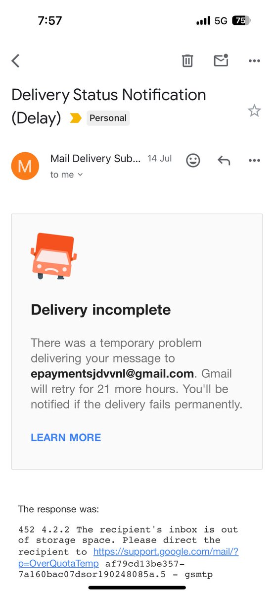 Raman09719922's tweet photo. @ccc_jdvvnl email sent on 12/07/2024 but not delivered due to full inbox ( refer to screenshot). Say responsible for resetting the password. The grievance has already been registered on the Sampark Portal. It seems your officials are not sensitive to your customers. https://t.co/E6KXKV4gHG https://t.co/fzQoDy8MB5