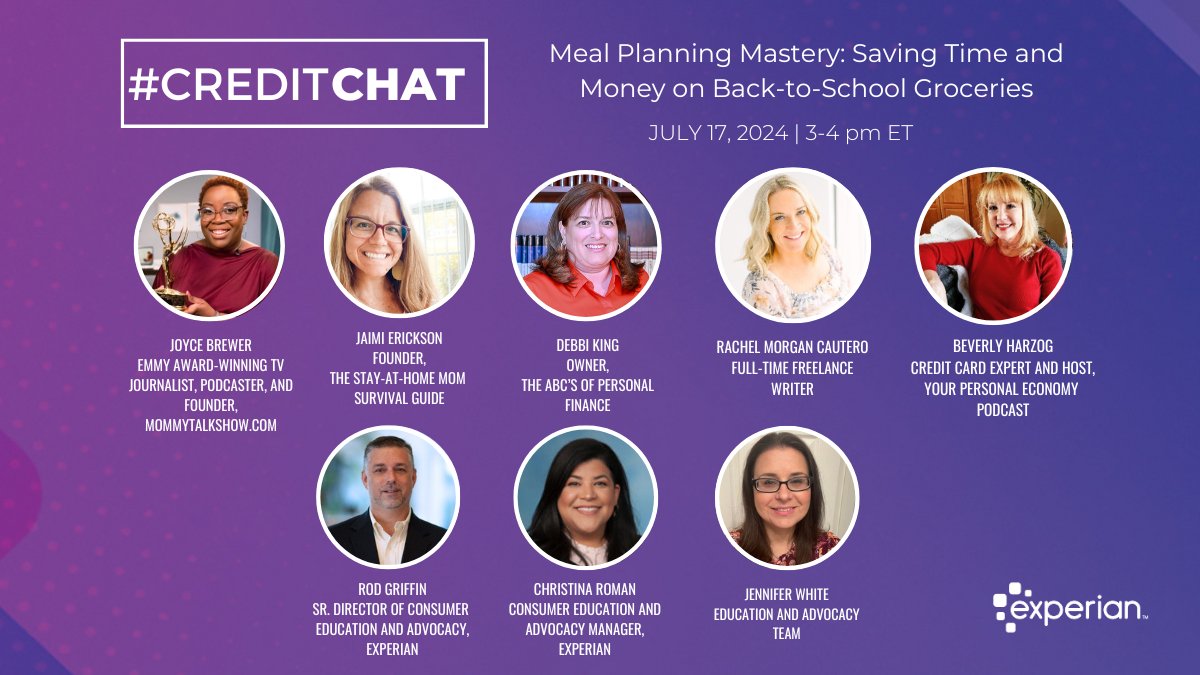 Don’t miss our #CreditChat highlighting ways to making the most of your grocery budget this school year ft. <a href="/Jaimi_SAHMSG/">Jaimi Erickson | Founder of The SAHM Guide</a>, <a href="/DebbiKing/">Debbi King</a>, <a href="/RachelMorganCau/">Rachel Morgan Cautero</a>, <a href="/MommyTalkShow/">Joyce Brewer | Atlanta TV Host | On-Camera Host</a>, <a href="/BeverlyHarzog/">Beverly Harzog</a>, <a href="/Rod_Griffin/">Rod Griffin</a>, <a href="/Jennifer_wWhite/">Jennifer White</a>, and <a href="/Teena_LaRo/">Christina Roman</a>. experian.com/blogs/news/mea…