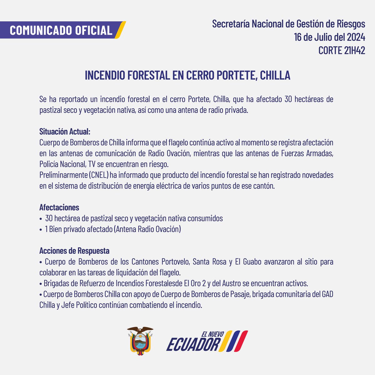 Riesgos_Ec's tweet photo. #IncendioForestal
Compartimos la información acerca del incendio forestal en Cerro Portete #Chillo con el último corte de las 21h00.
Manténgase informado en los canales oficiales. https://t.co/JOvcR8Q19M