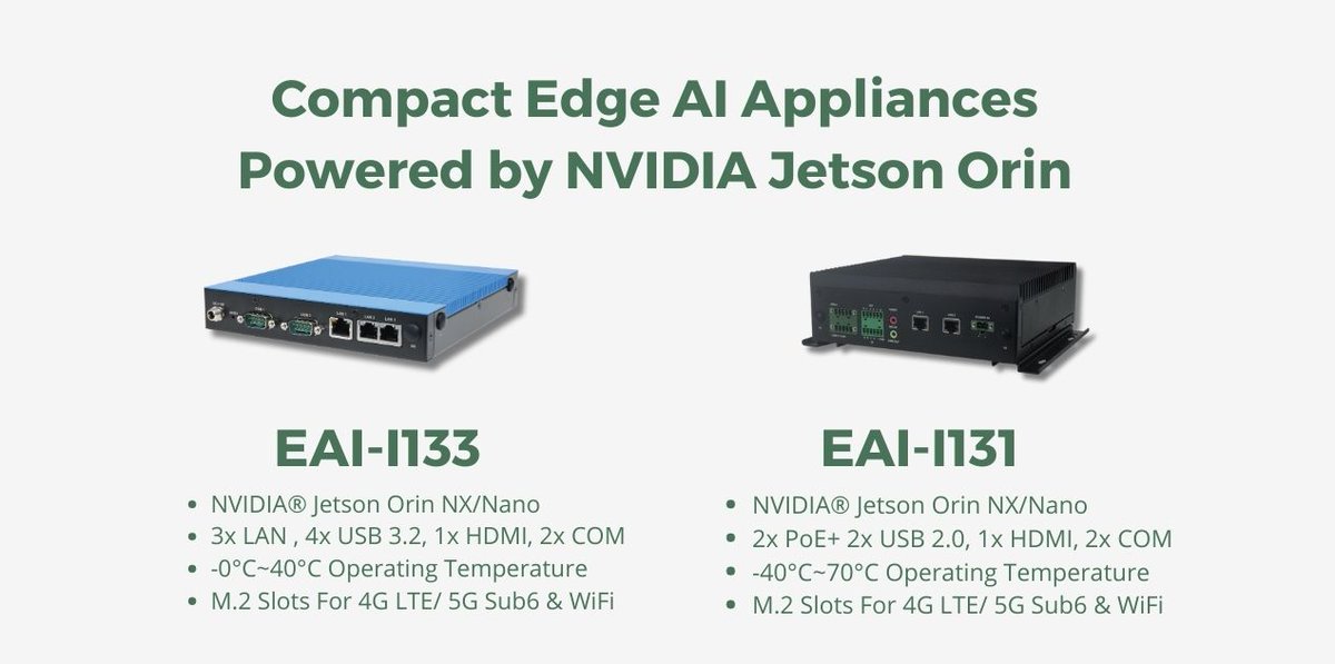 LannerInc's tweet photo. - NVIDIA® Jetson Orin™ NX Or Jetson Orin Nano™ 
- 100 TOPS AI Computing Performance
- LAN, COM, USB Ports, 
- LTE, 5G Sub6, WiFi Support

https://t.co/20vIJHOVit

#edgeai #nvidia #aicomputing https://t.co/OoJAAw5QFT
