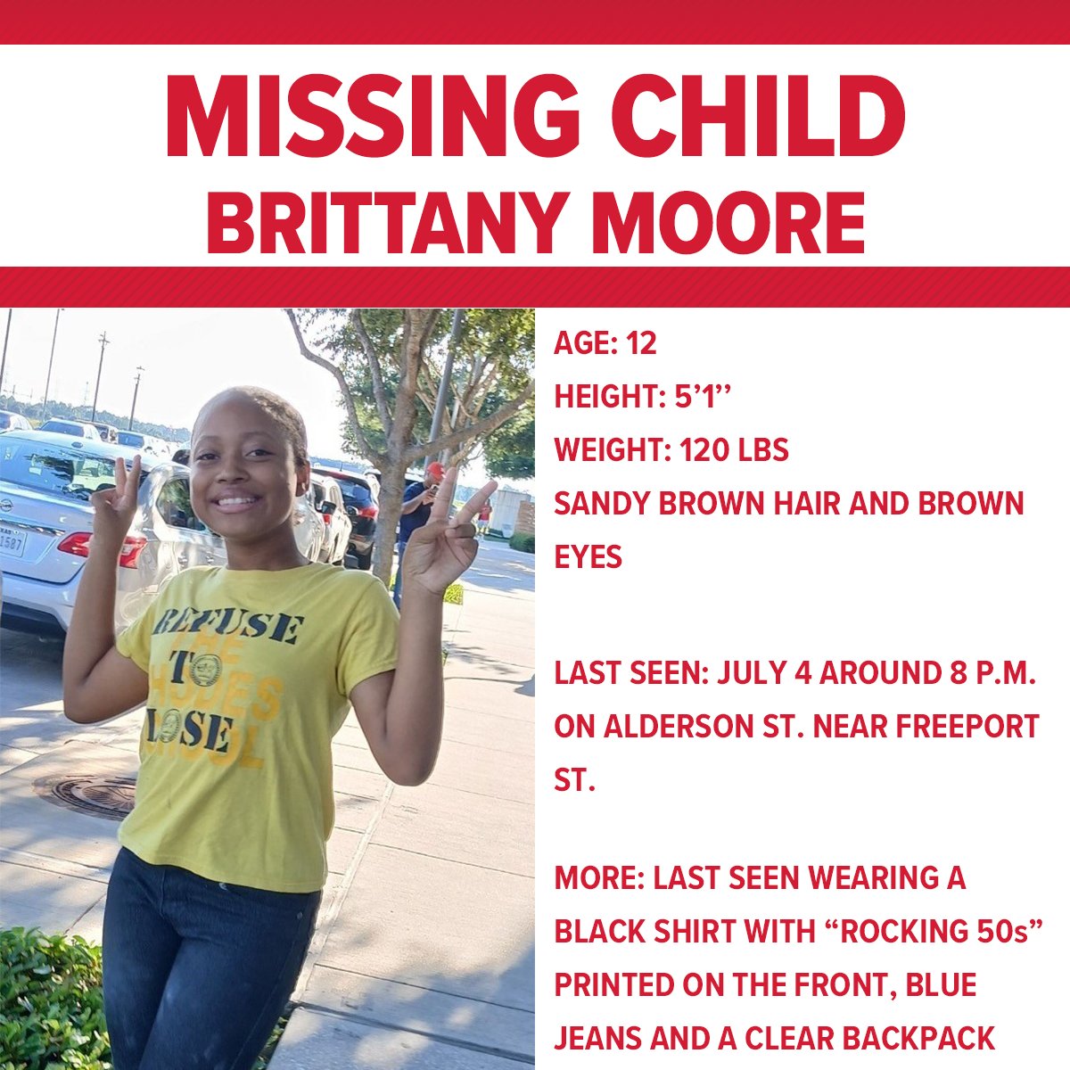 PLEASE SHARE | Brittany Moore, 12, was last seen July 4 around 8 p.m. She wasn't reported missing until July 11, according to Harris County deputies. #khou11

READ MORE: khou.com/article/news/l…