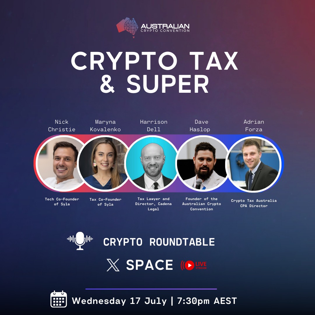 🤑 Get ready for our next Crypto Roundtable! Join us for an insightful live space this evening on the latest in crypto tax news, regulation, super and more, with Nick and Maryna from <a href="/sylapower/">Syla</a>, <a href="/harrydelltaxlaw/">Harry Dell 🇦🇺 taxpapi.eth</a>, <a href="/Davo_TCD/">David Haslop</a>, and Adrian Forza <a href="/cryptotaxaus/">Cryptotaxaustralia</a>.

🫡 Set a reminder and