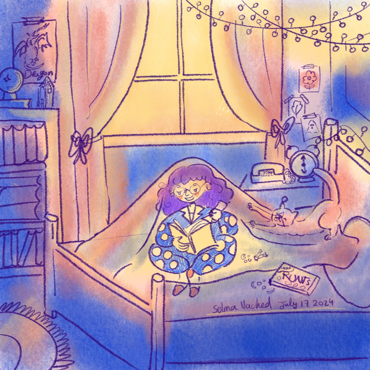 NachedSelma's tweet photo. One more page the girl said and in a blink of an eye it was sunrise 🌞 
Day2-3 of #childhoodweek2024  #illustration #illustrationartist  #visualartist #sunrise #cat  #viaualstorytelling #art #digitalillustration #イラストレーションアート #イラスト #画家 #procreate https://t.co/46WgqC1pcU