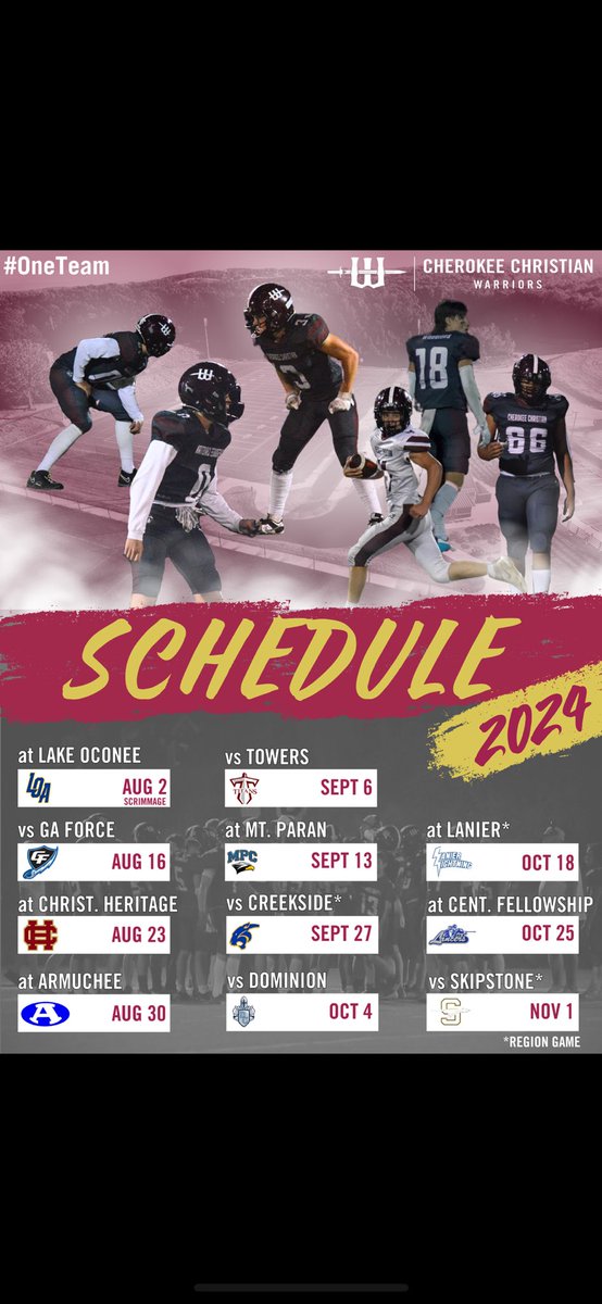 CCSWarriorsFB's tweet photo. 🚨🚨2024 Season Schedule🚨🚨
Almost that time! Mark your calendars!
#OneTeam

@HSFBCherokee @griffcallaghan @NwGaFootball @RecruitGeorgia @GAfootball80 @scoreatlanta https://t.co/fyjPM6wr3S