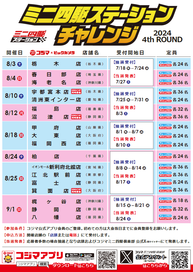 kojimamini4wd's tweet photo. 🏁お知らせ🏁
ステーションチャレンジ2024 4th ROUND

いつもご利用ありがとうございます
#コジマでステチャレ を開催する店舗と
日程が決定しました❗️

8/3(土)、4(日)開催の3店舗は
✅本日7/18より受付開始❗️

皆さまのご参加お待ちしております✨

#コジマでミニ四駆 #mini4wd #ミニ四駆 https://t.co/bhBstLYl3t