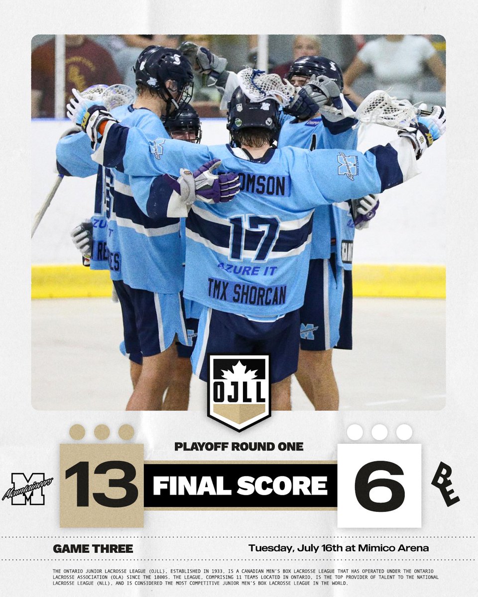 Mimico Mountaineers take victory over Brampton Excelsiors 13-6 at Mimico arena. 

#OJLL