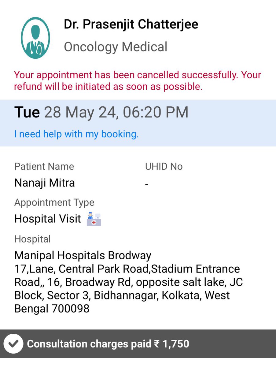 Jndass's tweet photo. @ManipalHealth Booked appointment for Father In Law for 28th May 24 through app on 25th May 24. Cancelled later. Refund not issued till now as on 17 th July 24. Had tweeted for the issue on 30th June. DM-ed the details as well. No response. Nice way of looting hard earned money. https://t.co/rxmJcKbtx8