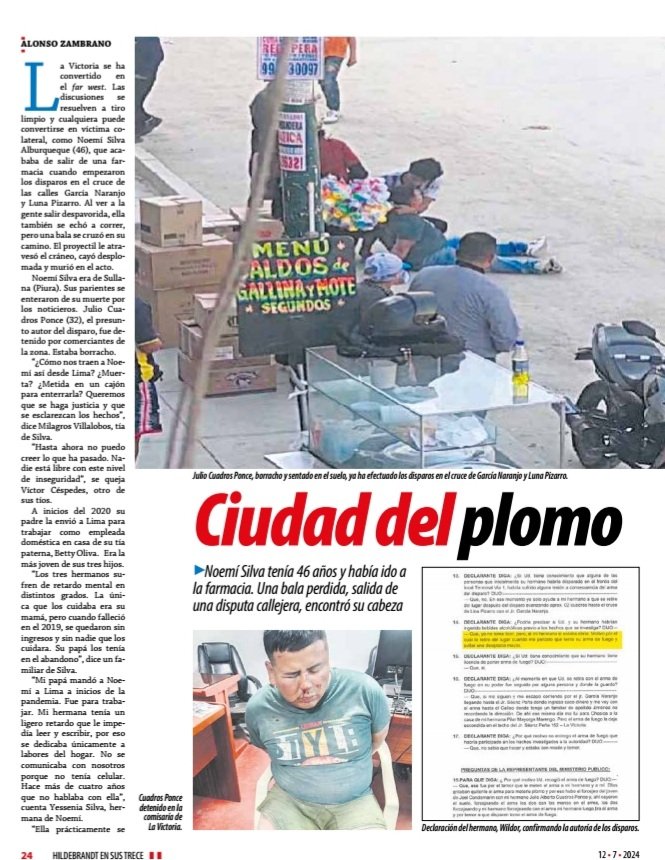 ensustrece's tweet photo. En #Hildebrandt @ensustrece: CIUDAD DEL PLOMO por @azambranox. La Victoria se ha convertido en el far west. Las discusiones se resuelven a tiro limpio y cualquiera puede convertirse en víctima colateral, como Noemí Silva que tenía 46 años y había ido a la farmacia. Una bala perdida, salida de una disputa callejera, encontró su cabeza. El reportaje en https://t.co/Yd2EU1qlZG.