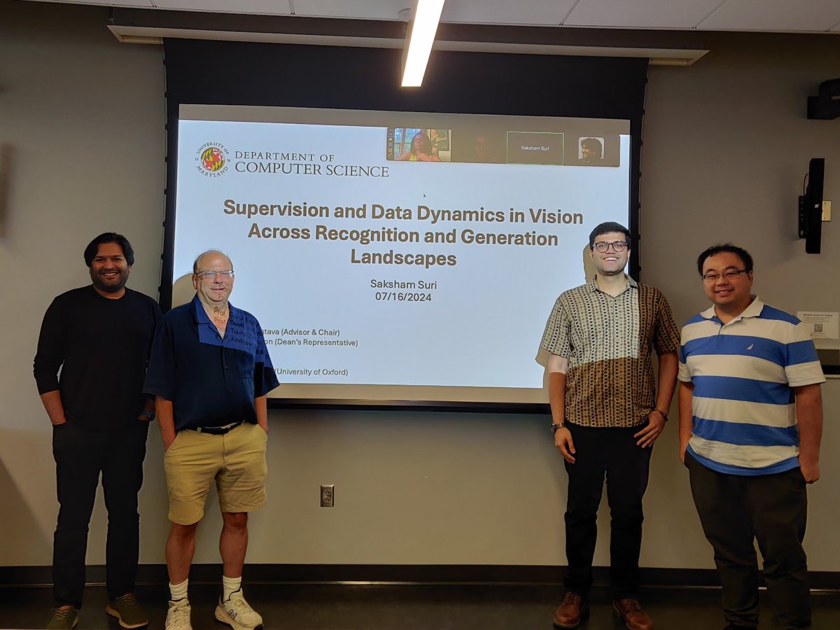 Saksham Suri (@_sakshams_) on Twitter photo That's a wrap! Happy to share that I have defended my thesis.
Thankful for the insightful questions and feedback from my committee members <a href="/abhi2610/">Abhinav Shrivastava</a>,<a href="/zhoutianyi/">Tianyi Zhou</a>, <a href="/davwiljac/">David Jacobs</a>, Prof. Espy-Wilson, and Prof. Andrew Zisserman. That's a wrap! Happy to share that I have defended my thesis.
Thankful for the insightful questions and feedback from my committee members <a href="/abhi2610/">Abhinav Shrivastava</a>,<a href="/zhoutianyi/">Tianyi Zhou</a>, <a href="/davwiljac/">David Jacobs</a>, Prof. Espy-Wilson, and Prof. Andrew Zisserman.