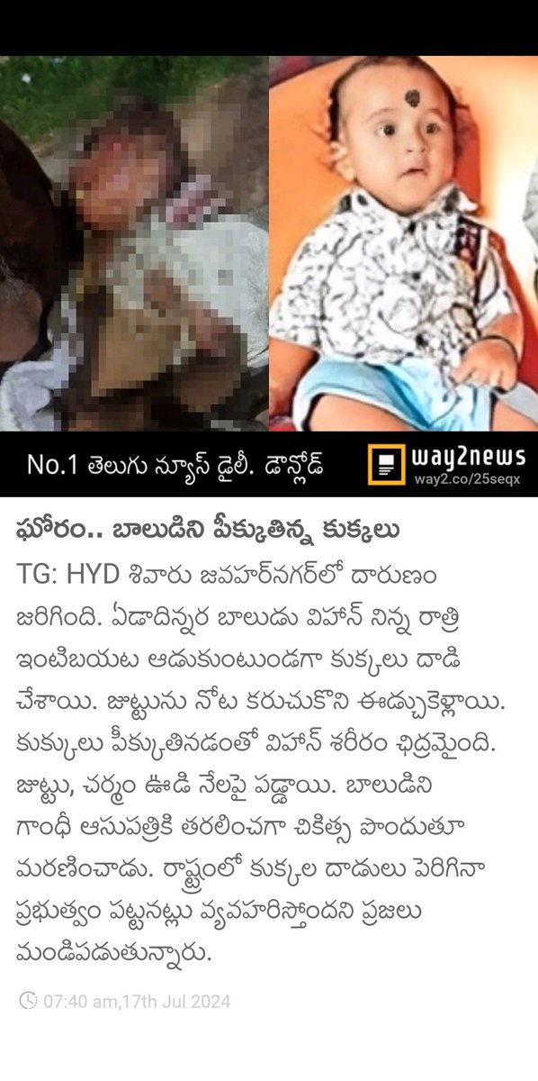 balasaip24's tweet photo. ఘోరం.. బాలుడిని పీక్కుతిన్న కుక్కలు  
@revanth_anumula @hydcitypolice  ఇది వరకే ఇలాంటివి జరిగినా ప్రభుత్వం చర్యలు తీసుకోలేదు. ఇప్పటికైనా ప్రజల ప్రాణాలు కాపాడటానికి తగిన చర్యలు తీసుకోవాలని మనవి @TelanganaCMO https://t.co/BAyJm0ks5A