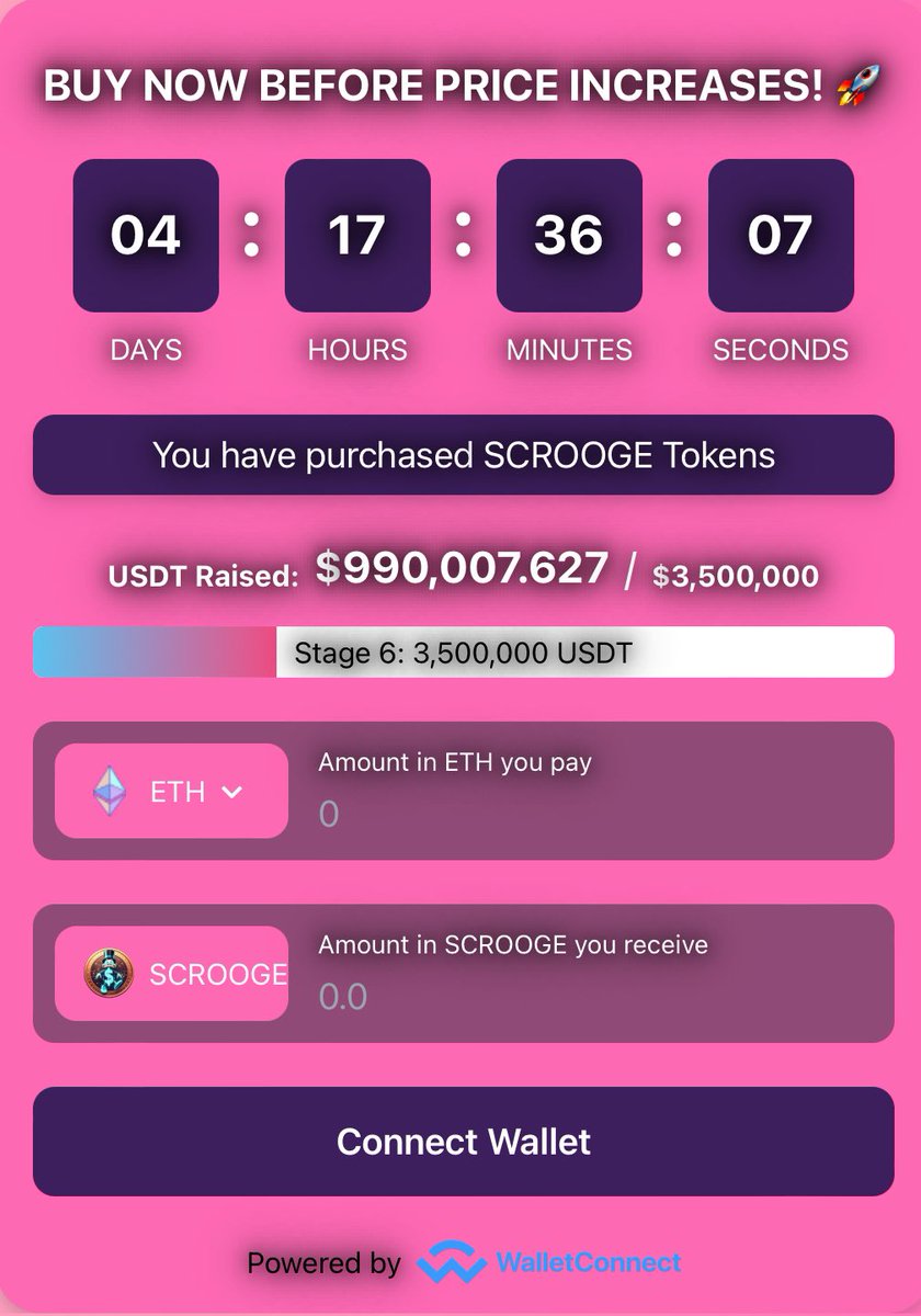TokenScrooge's tweet photo. The $crooge #memecoin delvers 100% interest daily!! 💵💰

Don’t miss the next milestone as we close in on $1,000,000
Get #Scrooge on #Ethererum #BNB &amp; #Polygon

🌐 https://t.co/tBWzlCD6Cn

#blockchain #crypto #cryptocurrency #coin #exchange #investment #cryptonews #defi #Presale https://t.co/ha78jOTPhD
