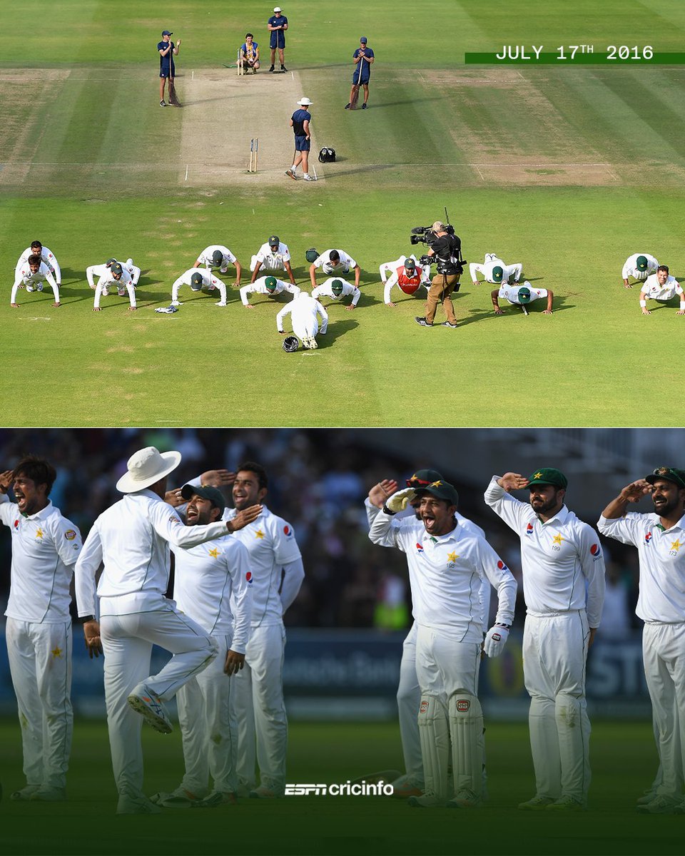 cricinfo's tweet photo. When Misbah-ul-Haq's side lifted Pakistan's spirits with an emotional 75-run win against England at Lord's 🇵🇰

A patent-worthy celebration 🫡

Scorecard: https://t.co/tSYeB0Hin3 https://t.co/OvWZJ3L4g7