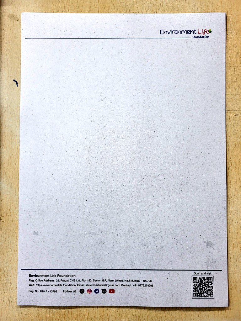dharmeshbarai's tweet photo. I am happy to share that @EnvironmentLife foundation is committed to sustainability, aiming to use the maximum sustainable options while keeping trees in mind.
Our letterhead is made from unbleached recycled paper. It's a little dark but good for the future. Thanks to #packmate https://t.co/xhfFZKIHuR
