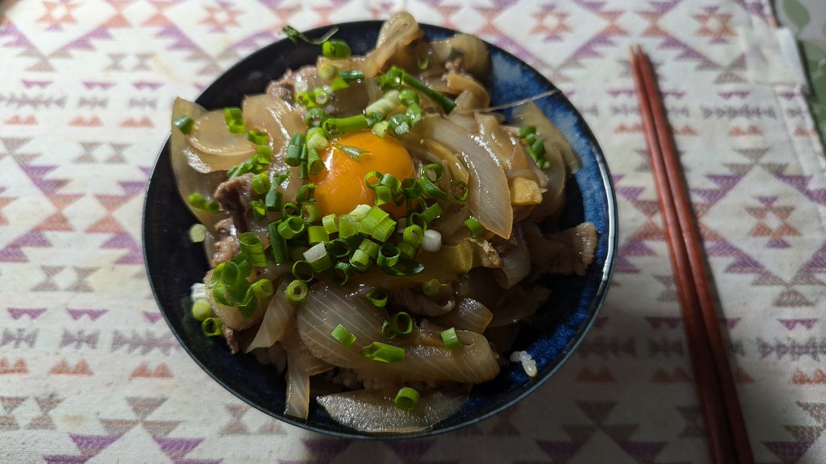 昼は自作牛丼！控えめ言って、最高に美味いのだす。