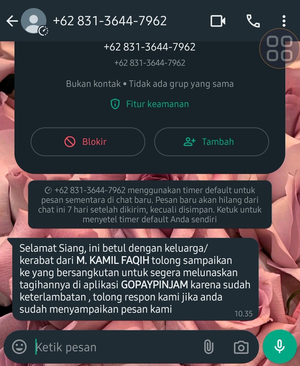deviraekas's tweet photo. Minta tolong banget sama @gojekindonesia saya keganggu bgt, dan saya juga gak kenal nama tersebut. chat collectornya SPAM!!! hampir tiap hari dichat gini terus. gak dibales dichat lagi! bahkan saya ditelpon juga. dibilang dari awal gak kenal masih teror saya terus! https://t.co/SdPKfg242W