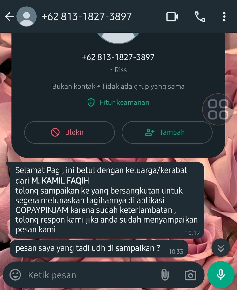 Minta tolong banget sama <a href="/gojekindonesia/">Gojek Indonesia</a> saya keganggu bgt, dan saya juga gak kenal nama tersebut. chat collectornya SPAM!!! hampir tiap hari dichat gini terus. gak dibales dichat lagi! bahkan saya ditelpon juga. dibilang dari awal gak kenal masih teror saya terus!