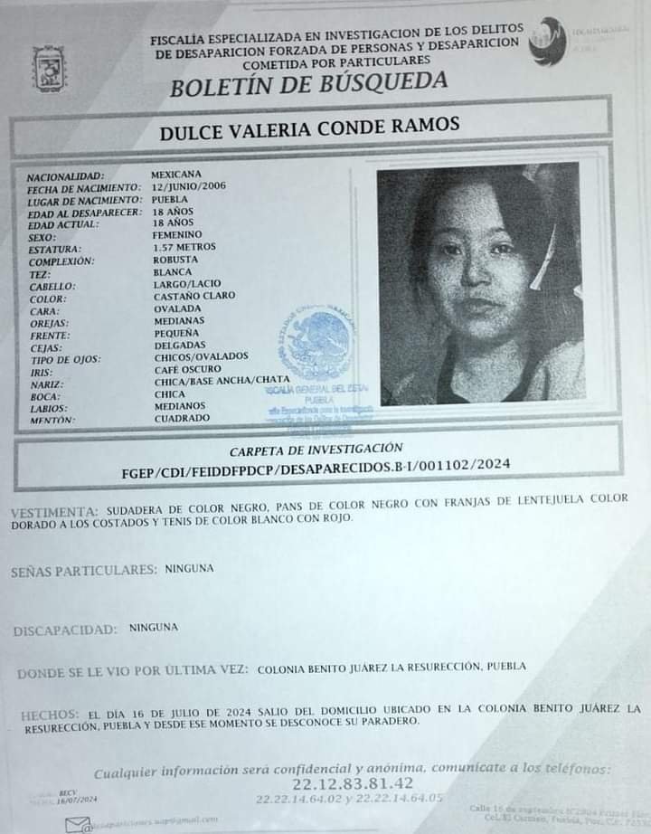 JCarlos_Valerio's tweet photo. #ServicioSocial || Urge localiza a Dulce Valerio Conde Ramos de 18 años de edad. Desapareció el 16 de julio en la colonia Benito Juárez, La Resurrección. Cualquier información comunicarse al 221 283 8142.

#Puebla https://t.co/FuYFeF8aAu