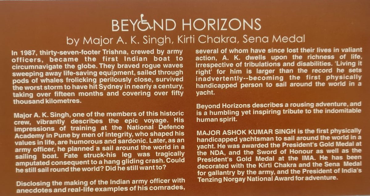 handicareindia's tweet photo. ‘Beyond Horizons’ is n unputdownable travelogue by Maj. A.K. Singh, d first disabled person ever to circumnavigate d globe with five non-disabled colleagues
Testament of d power of courage, determination &amp; teamwork...of six men on a small boat on a mission to sail round d world https://t.co/e0ZN2BJP2x