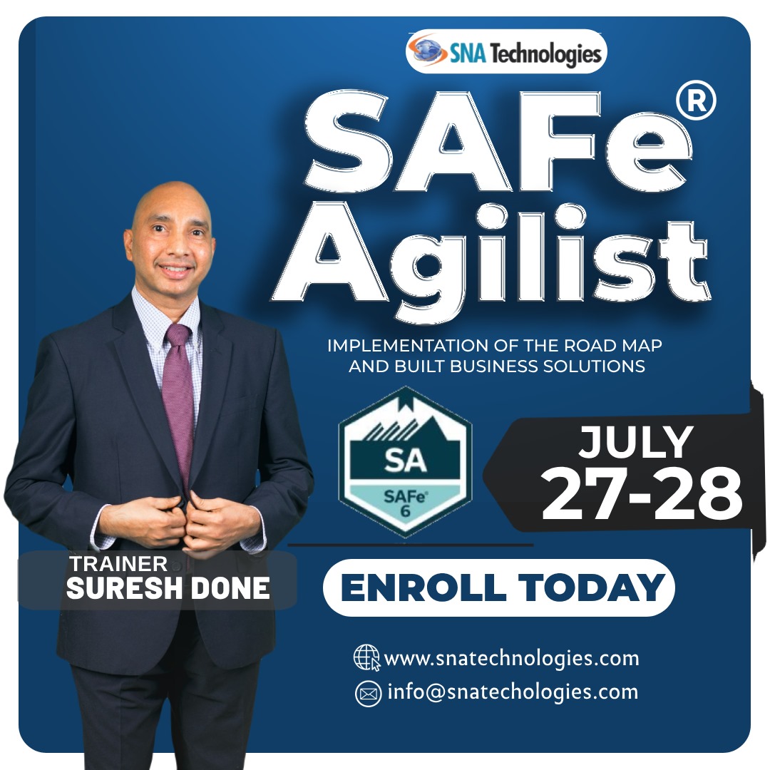 Enroll Now and Reserve your spot to attend the SAFe® Agilist 6.0 certification Online (Virtual) Live Training from 27th - 28th July 2024.

Hurry up ! 10% Discount offers are available for this month only.

If you have any queries, please do contact - info@snatechnologies.com