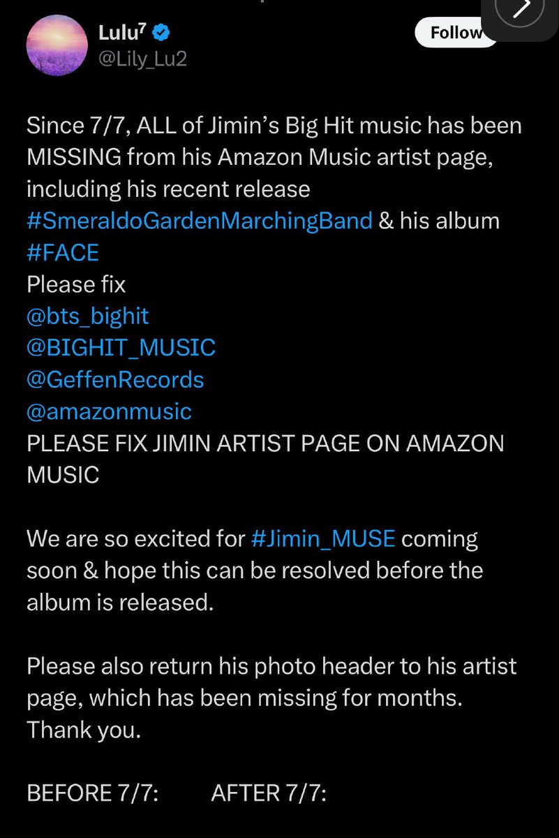 eviiloj's tweet photo. Since 7/7, ALL of Jimin’s Big Hit music has been MISSING from his Amazon Music artist page, including his recent release #SmeraldoGardenMarchingBand &amp; his album #FACE
Please fix 
@bts_bighit 
@BIGHIT_MUSIC
@GeffenRecords
@amazonmusic 
PLEASE FIX JIMIN ARTIST PAGE ON AMAZON MUSIC https://t.co/7r1Jh3GPQR