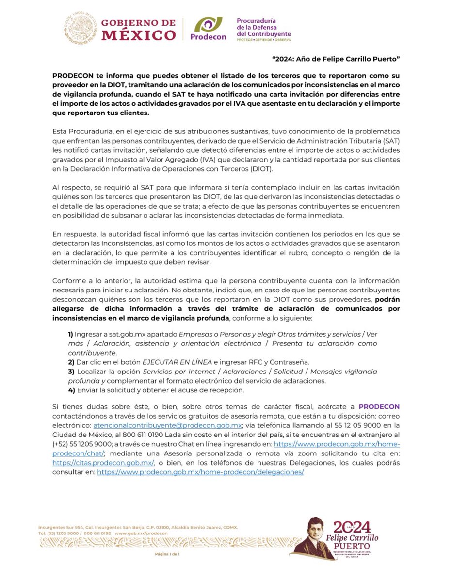 jzapata69's tweet photo. Si recibiste una carta invitación del SAT con supuestas diferencias en las declaraciones del IVA, la PRODECON México informó que ya puedes obtener la información de los contribuyentes que te reportaron como su proveedor en la #DIOT. https://t.co/0LlYZpf0vr