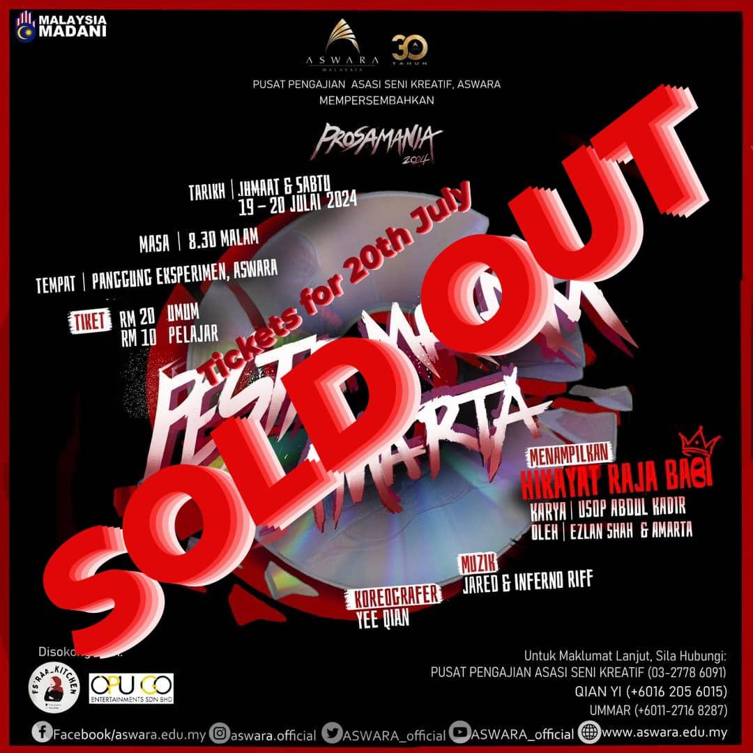 We are glad and sorry to say that our tickets for 20TH JULY, FRIDAY are fully SOLD OUT.

Online tickets and Walk-in tickets are not available.

Get your tickets for 19th July ASAPP!!!

pay.aswara.edu.my/#/item-detail-…