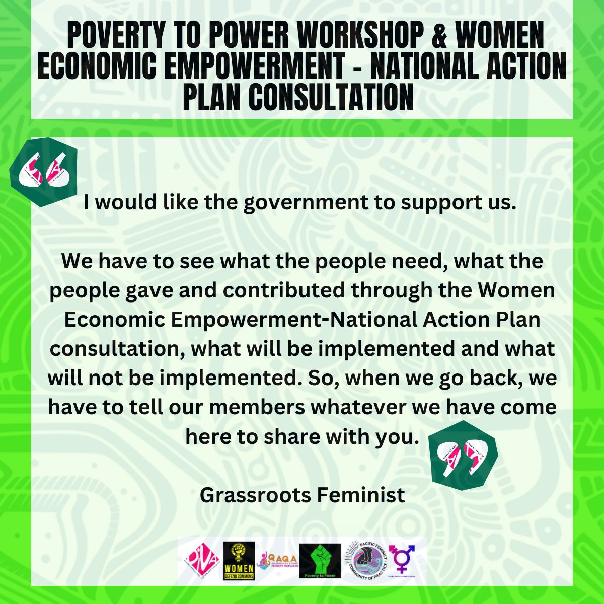 pacfemcop's tweet photo. "We should be careful with the consultation. and whatever is taken up on the action plan; one is smart, one is different, it has to come back to us, so that we know what is working & what is not working."- Participant
#PovertyToPower #WomenEconomicJustice #GenderEconomicJustice https://t.co/Ov0Uv9Qz3C