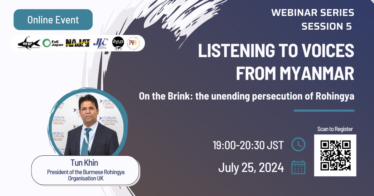 Join us on 25 July at 4:30 pm (YGN Time)! 

Discover how #Japan can support #Rohingya in their struggle for justice &amp; human rights. <a href="/tunkhin80/">Tun Khin</a> will explain the plight of Rohingya &amp; their efforts to hold #Myanmar junta accountable for intl crimes.

➡️ RSVP x.gd/f30X0
