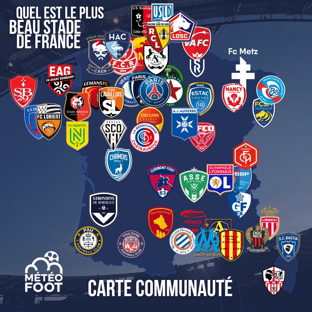 MeteoFootMaps's tweet photo. 💥 CARTE COMMUNAUTÉ 💥 

🏟 Quel est le PLUS BEAU STADE de France ?

On part du NATIONAL jusqu'à Ligue 1 !

➡️ Chaque jour 3 stades à NOTER sur 10

✅️ Les 16 stades les mieux NOTÉS seront QUALIFIÉS pour la PHASE FINALE (1/8 ème de finale)

✍️ QUI L'EMPORTERA !?

C'EST PARTIII !

#Ligue1 #Ligue2 #National