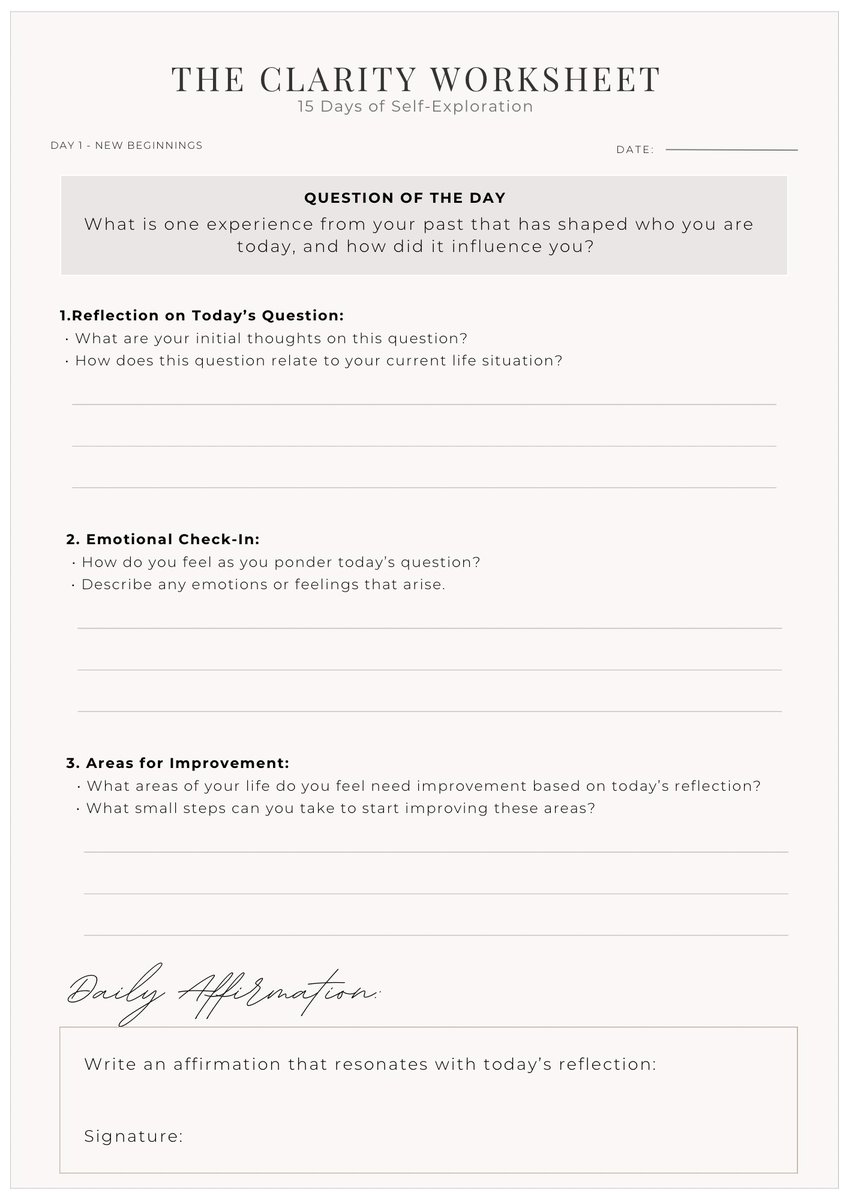 bellthima's tweet photo. The clarity worksheet preview (Day 1 ) 
From 15 days of self-exploration. 
Each page will help clients reflect on their thoughts, feelings, areas for improvement, and gratitude. https://t.co/8UwVuMTN2h