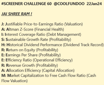 Coolfundoo's tweet image. We've hit 55 RTs so far, halfway to our goal of 108! Can we make it to the finish line for the big reveal?

JAI SHREE RAM #stock #screener! Let's do this!

#SCREENER CHALLENGE 60  

Difficulty Level - Hard