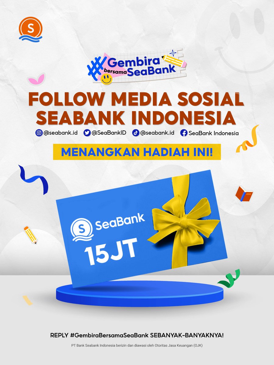 SeaBankID's tweet photo. 💸FOLLOW INSTAGRAM SEABANK &amp; MENANGKAN HADIAHNYA!💸

Yuk, buruan bawa pulang kesempatan SALDO 15 JUTA dengan cara FOLLOW Instagram SeaBank!✨

REPLY "#GembiraBersamSeaBank" sebanyak-banyaknya! 🙆‍♂️

MENANGKAN di sini 👉 https://t.co/2DG5GWSu7c https://t.co/PsC5Ps9OY8