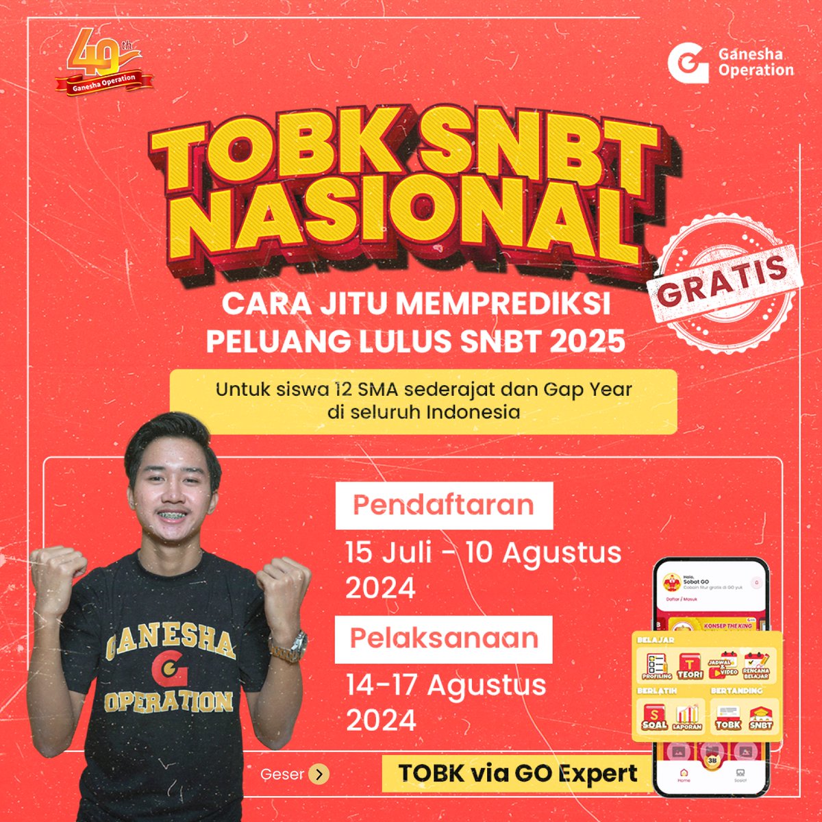 officialgopusat's tweet photo. TOBK GRATIS..TISS...TISSS!

Memanggil SobatGO kelas 12 SMA dan Gap Year!

Tunjukkan kalau kamu siap lolos PTN 2025 dengan ikutan TOBK SNBT Nasional. TOBK SNBT Nasional ini menggunakan sistem pengerjaan dan penilaian seperti UTBK-SNBT sesungguhnya dan kamu bisa cek peluang lulus di PTN impianmu.

Yuk daftar sekarang juga. GRATISSSSSSS!!!